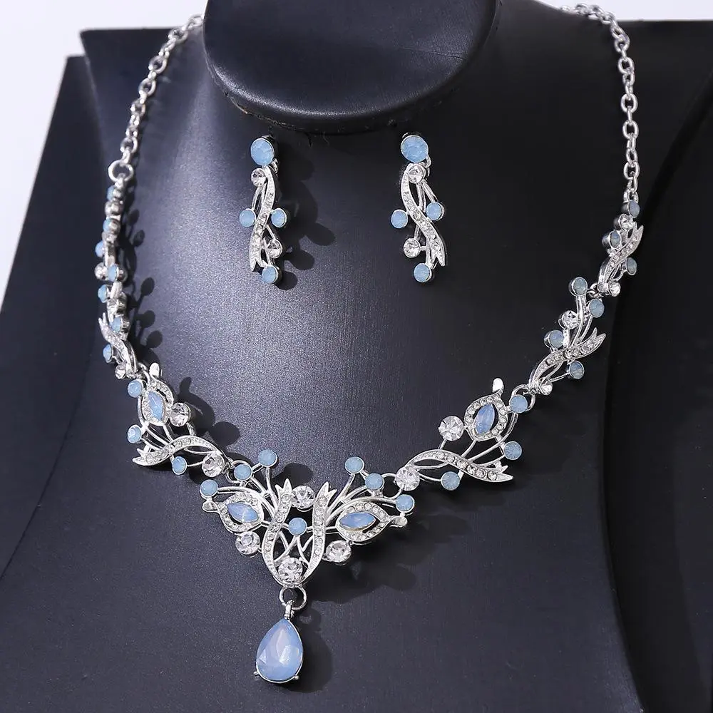 Bride Wedding Opal Crystal Necklace Earring Set Ladies Rhinestone Peacock Jewelry Sets Suitable for Party Festivals