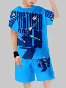 Cristiano Ronaldo Legend 7 Number Sportswear Set, Athleisure Wear Set, Athletic Fashion Activewear, Main Color, Chest Cr7 & 7 Cartoon Prints, Casual Fitted Shorts, Spring & Fall
