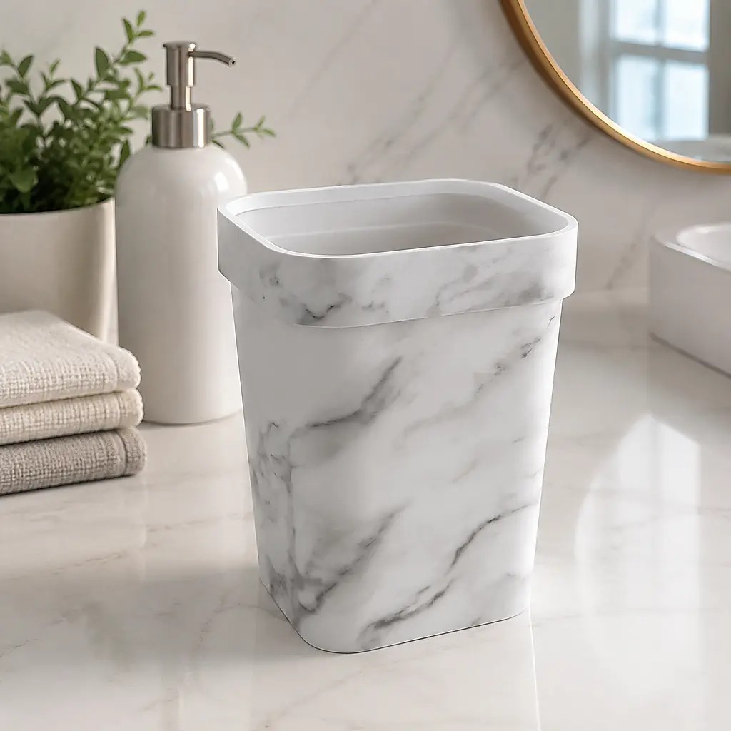 Tong sampah segi corak marmar kemewahan tenang, tong sampah hias kalis air hitam putih untuk bilik air minimalis, bilik tidur dan rumah tetamu butik automatic trash bin Touchless Smart Can with Lid space motion Double Tilt Out Cabinet outdoor