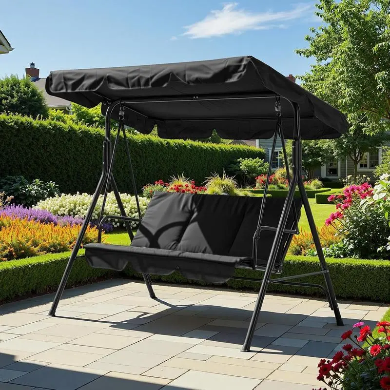 Gaomon 3-Person Triangular Steel Outdoor Hanging Chair Patio Glider Swing Set, Sturdy Back Porch Furniture for Adults with Adjustable Canopy, Armrests, Breathable Fabric Seat, Backrest, Cushions, 600 lbs Max Load (Backyard, Garden), Three