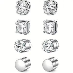 4 Pair Men Women Stainless Steel Magnetic Stud Earrings Non-Piercing Clip on E40