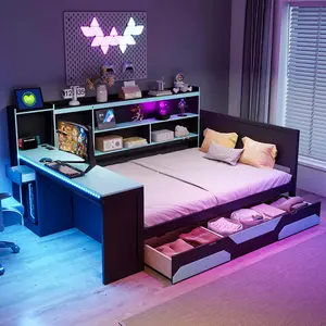 Full Size Daybed with Storage, Bookcase Headbaord, Integrated Desk and Lights, Modern Wooden Bed Frame with 3 Storage Drawers and Built-in Charging Station, Multi-Functional Headboard Bookcase, Black+Blue