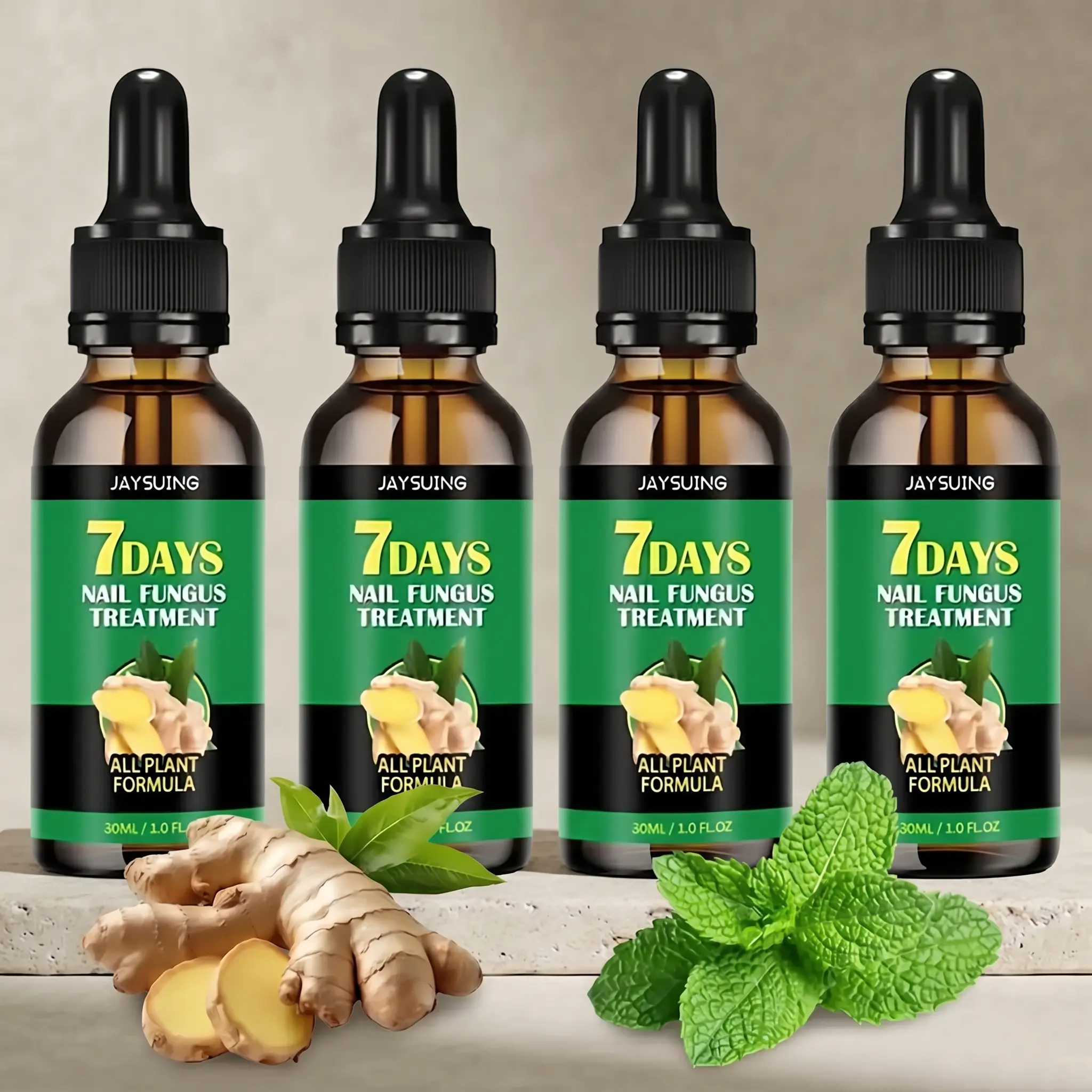 Ginger Plant Oil Nail Care Serum with Dropper, 4-Bottle Nail Solution, 7-Day Natural Treatment to Nourish & Strengthen Weak Damaged Toenails
