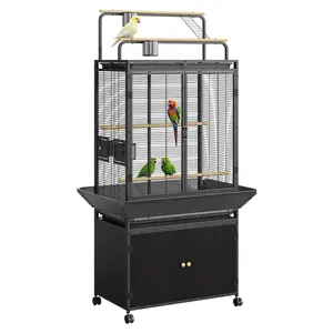 Spacious Escape-Proof Rolling Bird Cage for Parrots & Macaws – Heavy Duty Metal Flight Cage with Play Top, Storage Cabinet, Stand, Wheels, Removable Tray – Indoor & Outdoor Use, Black