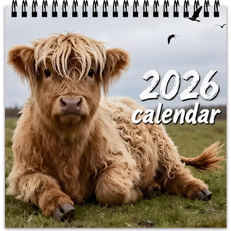 2026 Highland Cow Theme Wall Calendar, 12 Months Colorful Illustrations, 7.9in X 7.9in Perfect Size, Cute Fun Highland Cow Art Decor Gift
