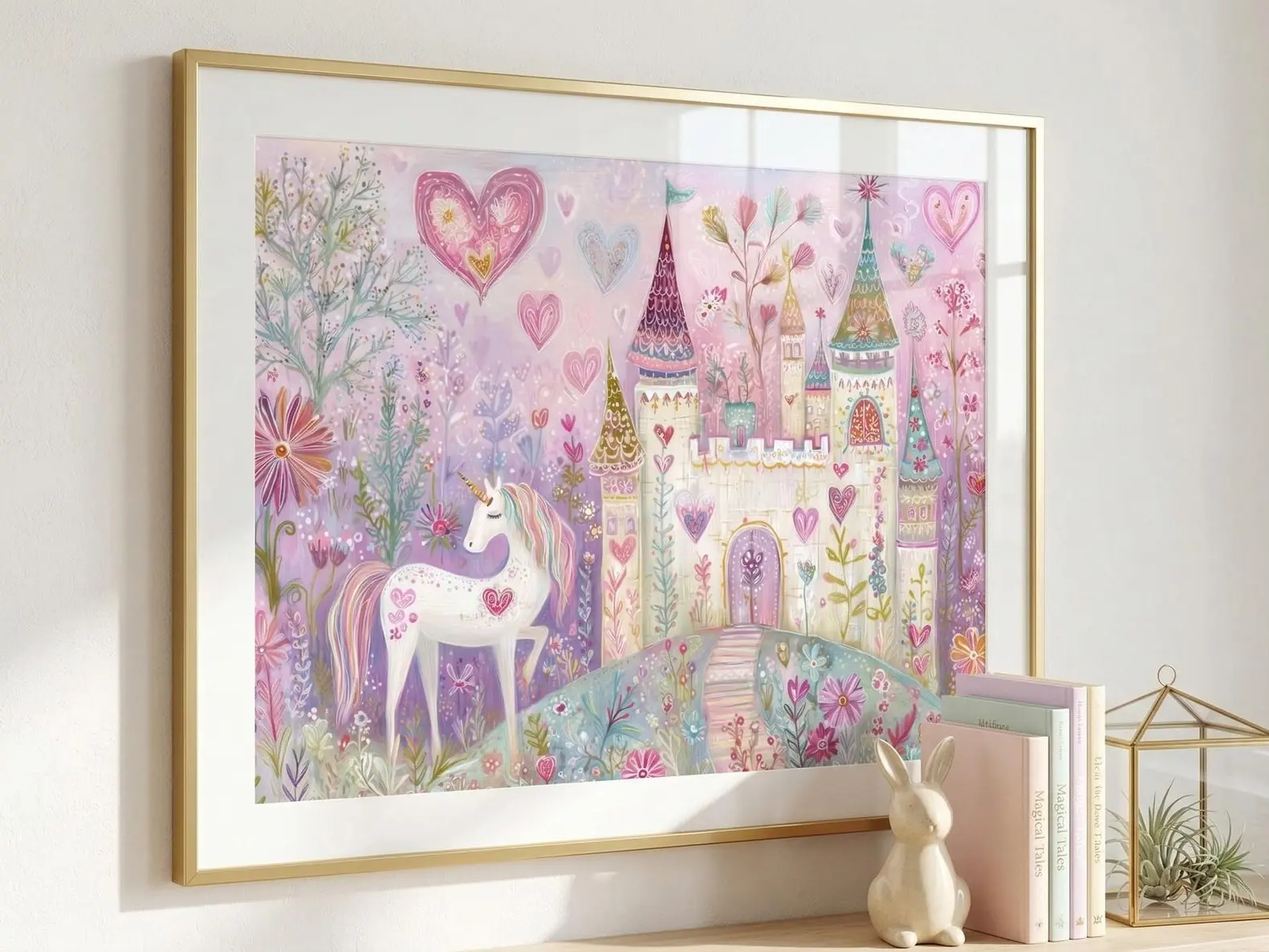 Magical Unicorn Wall Art, Pink Fairy Tale Print, Nursery Room Decor