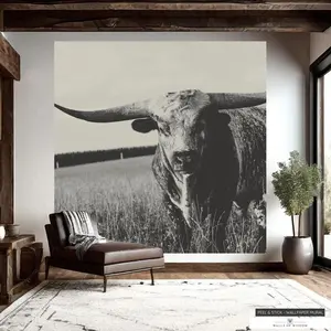 Texas Longhorn Wallpaper Peel and Stick - Western Wall Art, Vintage Cowboy Print, Living Room Home Decor, Modern Cowboy Dopamine Decor, Sepia Removable Wallpaper Mural, Black White Photo Art Wall, Boho Cowgirl Home Decor, Modern Cowboy Nursery Wallpaper