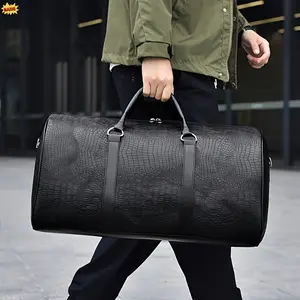 Retro Crocodile Pattern Travel Duffel Bag, Large Capacity Luggage with Shoulder Strap, Multipurpose Carry-On (Black, Dark Brown)