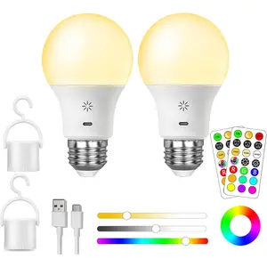 LED Light Bulbs With Remote & Dimmable, E26 Battery Operated Light Bulb for Lamps, RGB 12 Colors, 2600mAh USB battery backup Light Bulb With Timer, A19 Small Light Bulbs 2 Pack