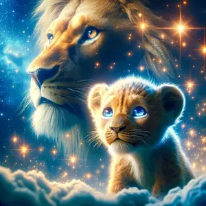 Starry Sky Lion King and Cub, Multiple sizes available including square and round diamonds. This 5D DIY diamond painting set diamond art embroidery kit handmade furniture decor fierce beast art piece Crafts Diamond Painting Kits.