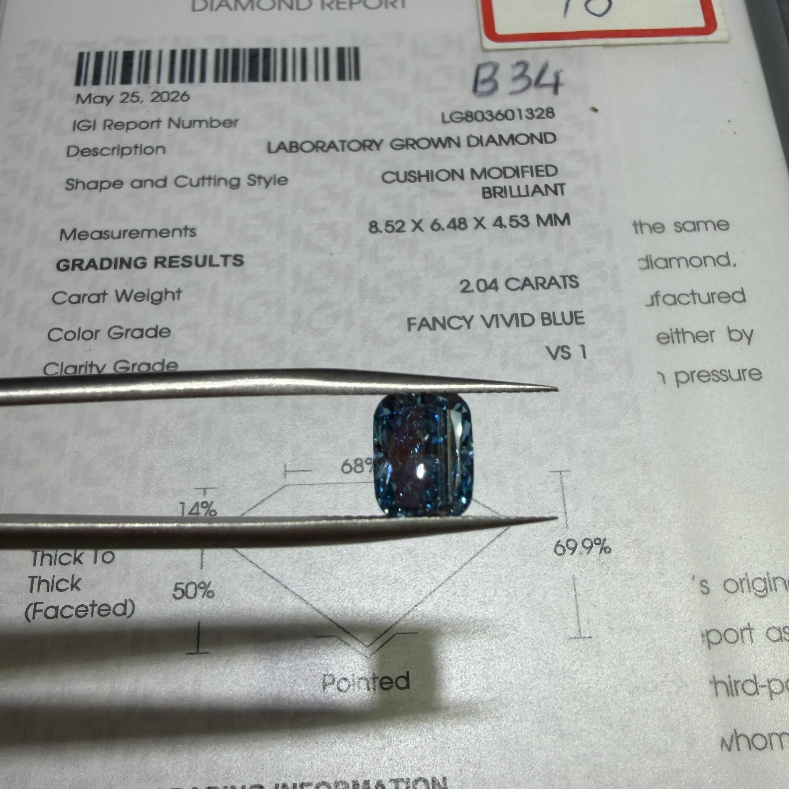 2.04ct Cushion Modified Brilliant Lab Grown Diamond (Fancy Vivid Blue, VS1, IGI Certified)