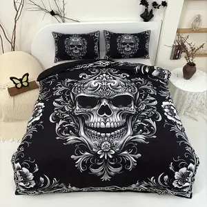 3pcs Black And White Skull Design Victoria Baroque Gothic Duvet Cover Set (1 Duvet Cover + 2 Pillowcases Without Pillow Insert), Halloween Collection, High Definition Numeric Print for Queen And King Size in Home Dormitory