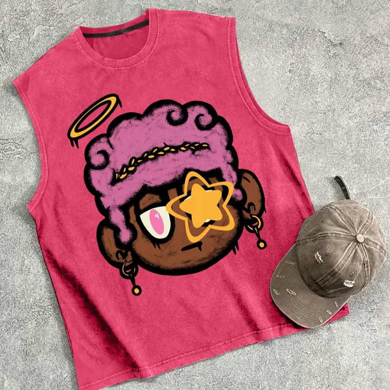 Men's Cartoon Print Tank Top, Regular Fit Casual Fashion Sleeveless Vest Top for Summer, Men's Clothes for Daily Wear, Clothing, Cotton Summer Tank Tops, Breathable Tank Tops, Graphic Tank Top, Sleeveless Tanks