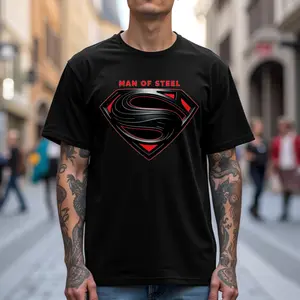 [100% cotton]Justice League Men'S  Casual Crew Neck T-Shirt Man of Steel Graphic Print Short Sleeve Ideal for Spring/Summer Everyday Tshirt |   Playful Text Design |   Comfortable Fit