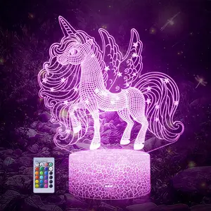 Unicorn Night Light 3D Illusion Lamp RGB Flashing Modes with Remote Control Dimmable for Kids Room Christmas Birthday Gifts Boys Girls Children USB & Batteries Powered