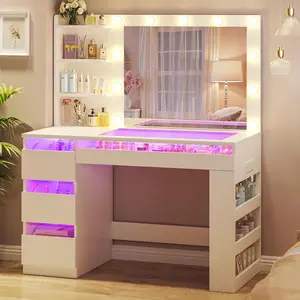 LED Vanity Desk with Lighted Mirror, Glass Top, 4 Transparent Drawers, RGB Lighting, Built-in Power Outlet, 3-Tier Side Shelves and Storage Organizer for Bedroom