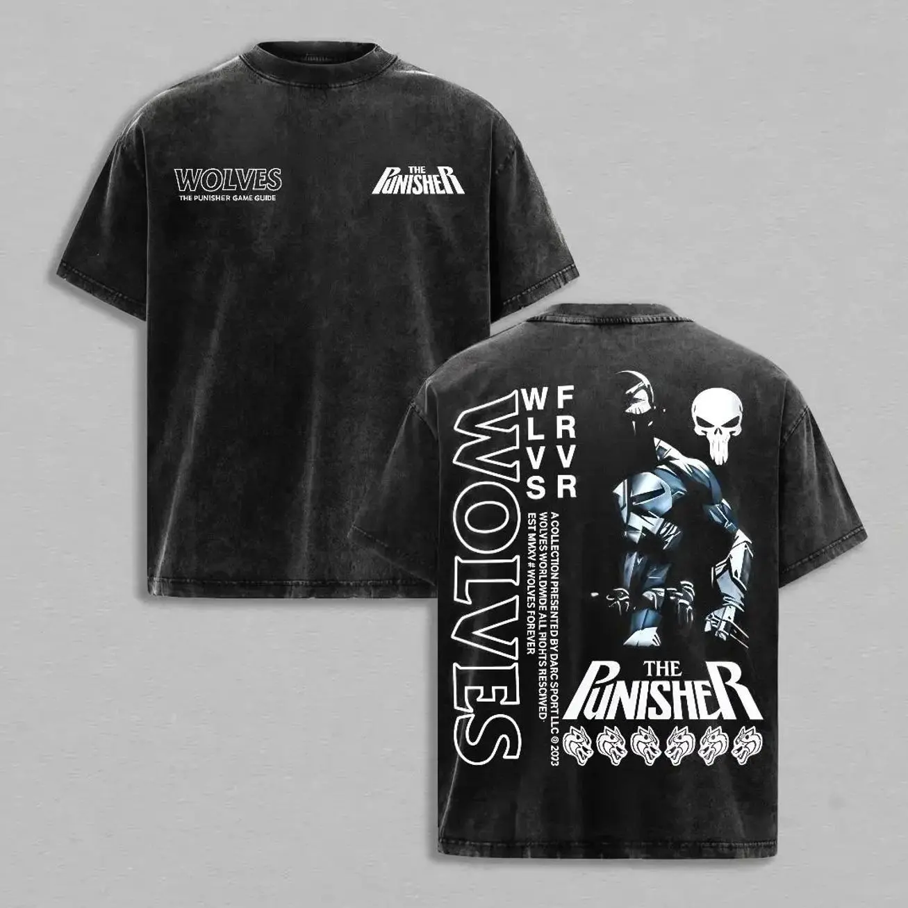Women's Vintage Acid-Washed Black Short-Sleeve Cotton Tee - Dual Chest Wolves, Punisher Text Skull, Warrior Back Print, Crew Neck, Oversized, Gothic Dark Hero Streetwear Garments - Seamless Fabric Outfits for Daily Outdoor Casual Use QWC