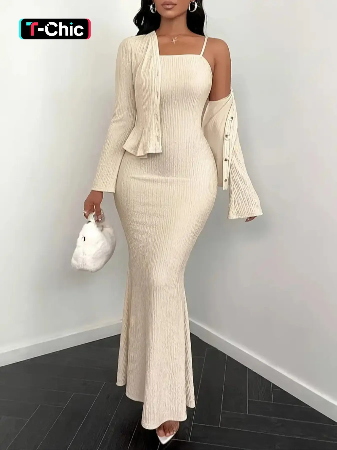 Elegant Aesthetic Textured Fabric Long Sleeve Cardigan Dress Set, Bohemian Boho Casual, Boho Casual Elegant, Button Fly Design, Plain Pattern, Casual Wear Fall & Winter, Women's Fashion Clothing, Womenswear