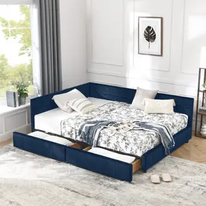 Full Size Upholstered Daybed with Storage Drawers, Velvet Bed Frame Sofa Bed Frame with Comfortable Backrest and Armrests, Full Size Platform Bed Frame for Bedroom, Living Room