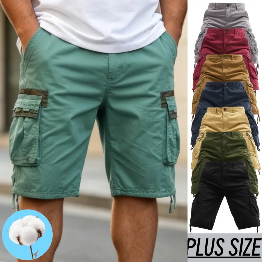 Men Plus Size Cotton Cargo Shorts, Knee-Length Multi Contrast Pockets Casual Shorts, Drawstring Hem Wear Breathable Summer Outdoor Daily Streetwear Shorts, 8 Multicolor Options