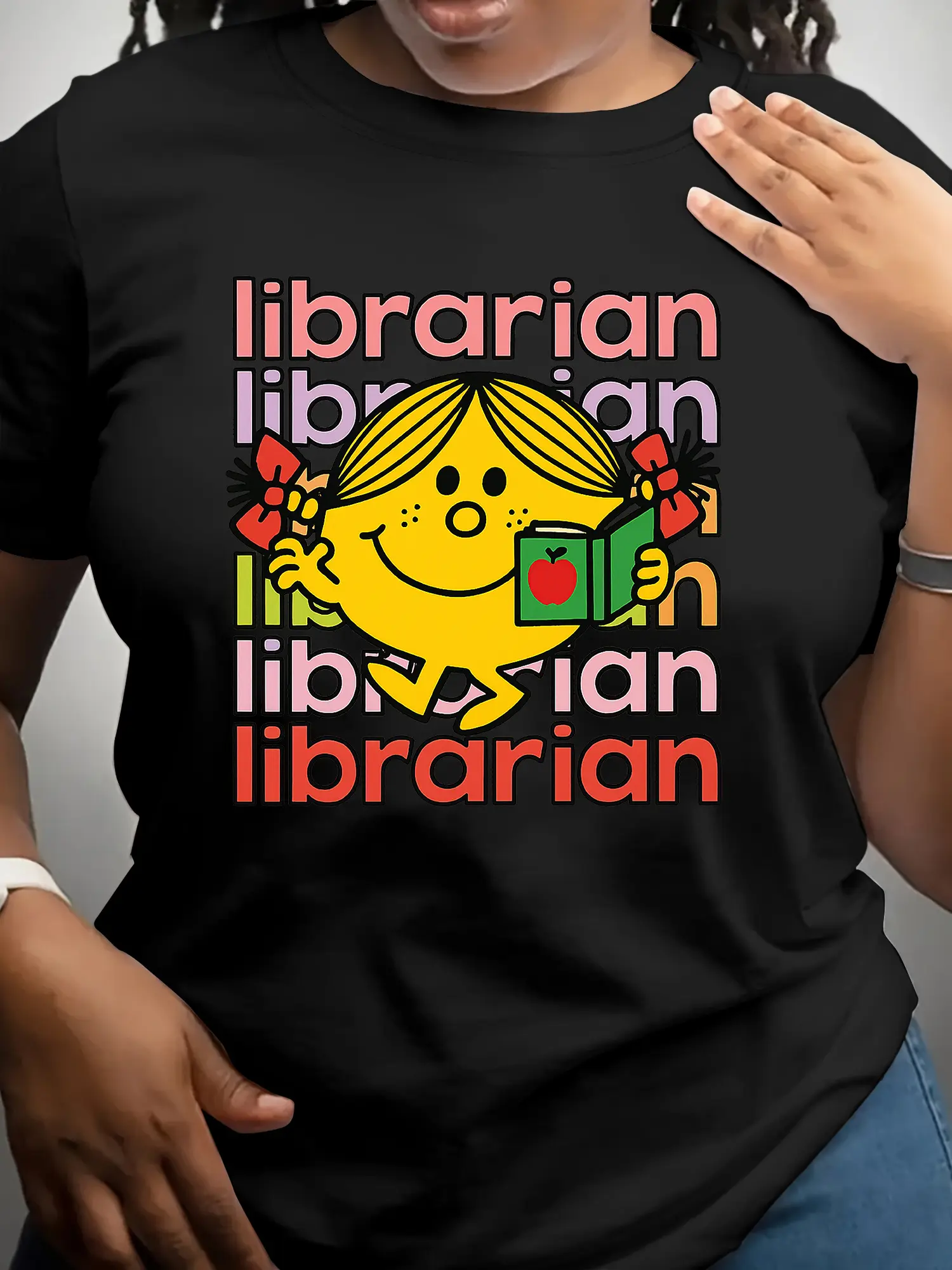 Women's Little Miss Librarian Graphic T-Shirt - Playful Librarian Design with Books & Apples, Soft Stretchy Fabric, Short Sleeve Round Neck Casual Top for Back to, Teacher Appreciation, Reading Events, Attire, Whimsical Design, Durable Casualwear