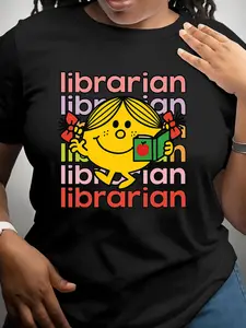 Women's Little Miss Librarian Graphic T-Shirt - Playful Librarian Design with Books & Apples, Soft Stretchy Fabric, Short Sleeve Round Neck Casual Top for Back to, Teacher Appreciation, Reading Events, Attire, Whimsical Design, Durable Casualwear
