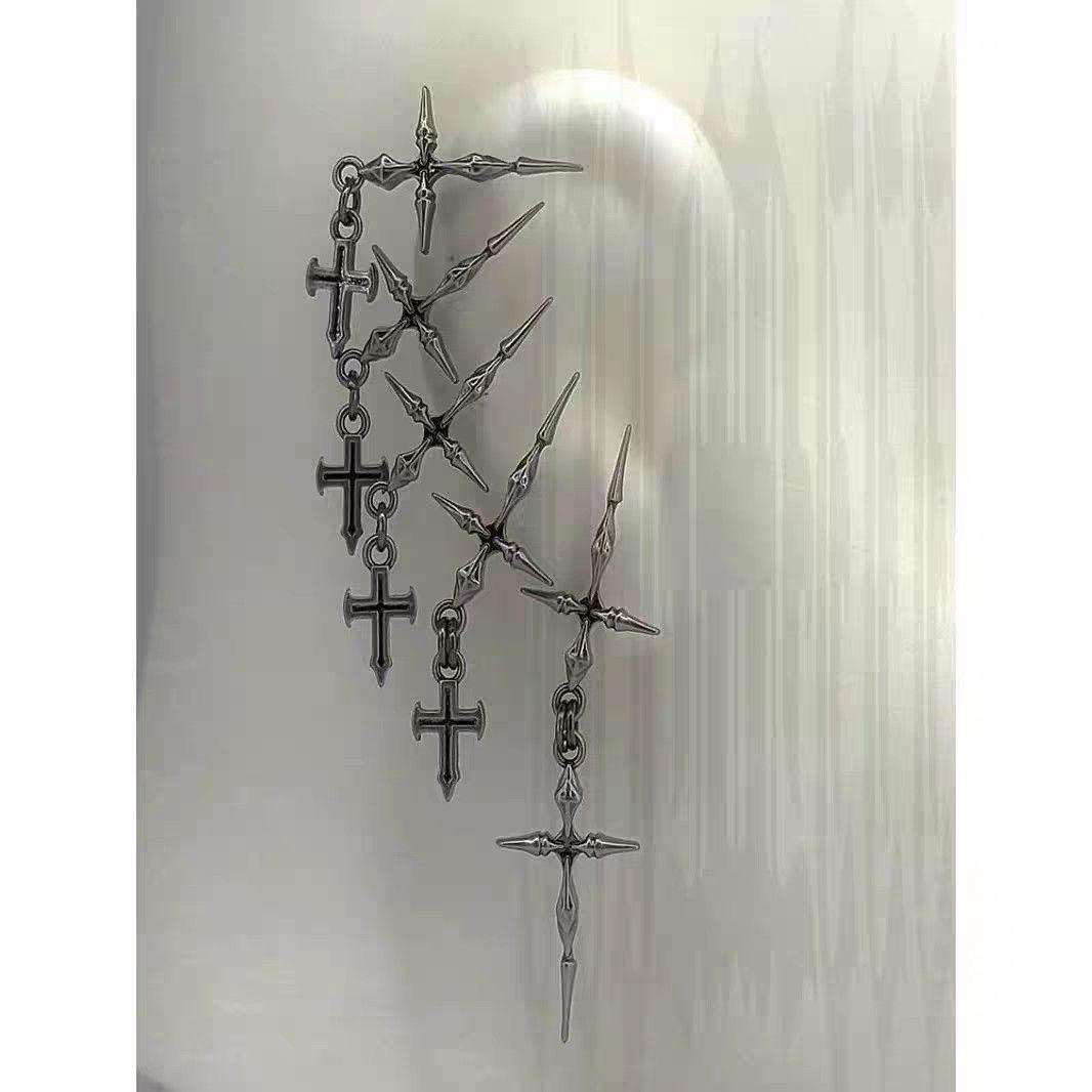 Gothic Punk Double Cross Chain Earrings Dark Cool Metal Piercing Jewelry for Gothic and Punk Fashion Enthusiasts Unique Edgy Look gifts