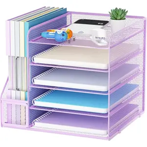 Desk Organizers and Accessories, 5-Tier Paper Letter Tray Organizer with File Holder, Mesh File Organizer, Office Desk Organization for Supplies (Purple)