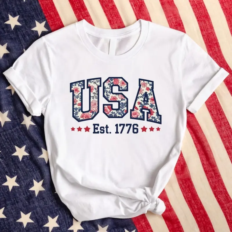 Floral USA Shirt, USA Est 1776 Shirt, Patriotic Women Shirt, Flower USA Shirt,Independence Day, American Girl Shirt,Girly 4th of July Shirt