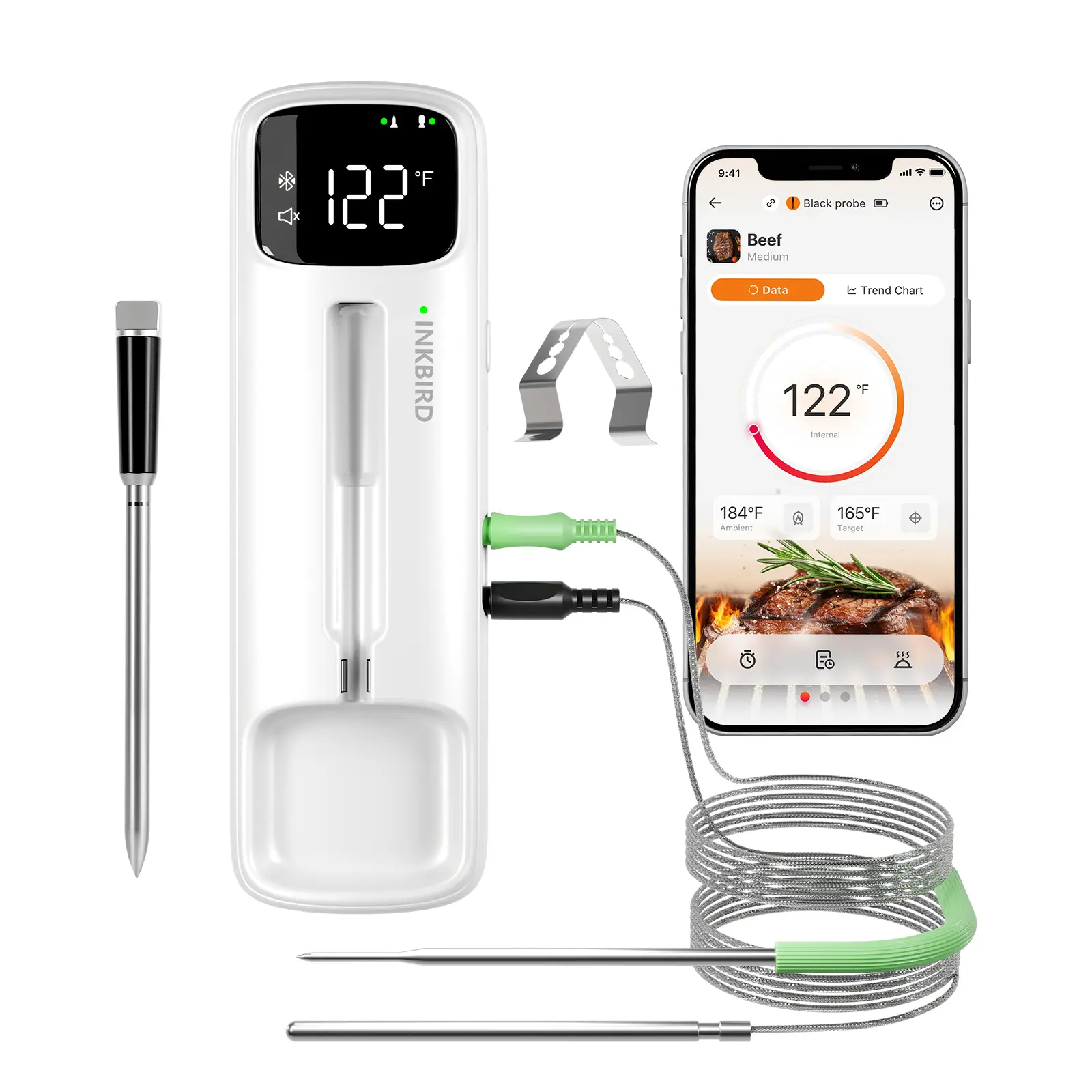 INKBIRD Wireless + Wired Dual-Use BBQ Thermometer, Bluetooth Stable Connection, ±0.5℉/±0.3℃ Accurate Detection, High and Low Temperature Alerts and App Notifications with Apple Watch Monitoring for Grilling, Cooking sohochic