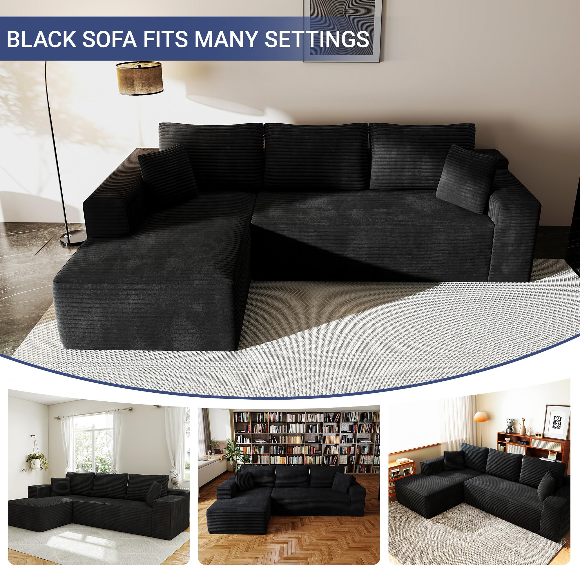 106.3" L-Shaped Modular Corduroy Sectional Sofa, 1400 LBS, No Assembly, Cooling Gel Foam Pet Friendly Cloud Couch for Living Room