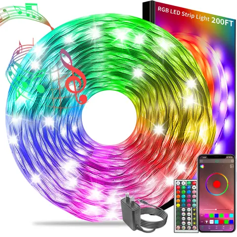 200FT 100FT 50FT Smart Led Strip Lights RGB Color Changing Time Setting Music Sync Strip Lights with both App and Remote Control for Bedroom Indoor Lighting, for Christmas Gifts