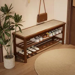 SOBIBO Bamboo Shoe Rack Bench with Rattan Seat, 3-Tier Shoe Storage Bench, Entryway Bench for Hallway,Walnut,Nature