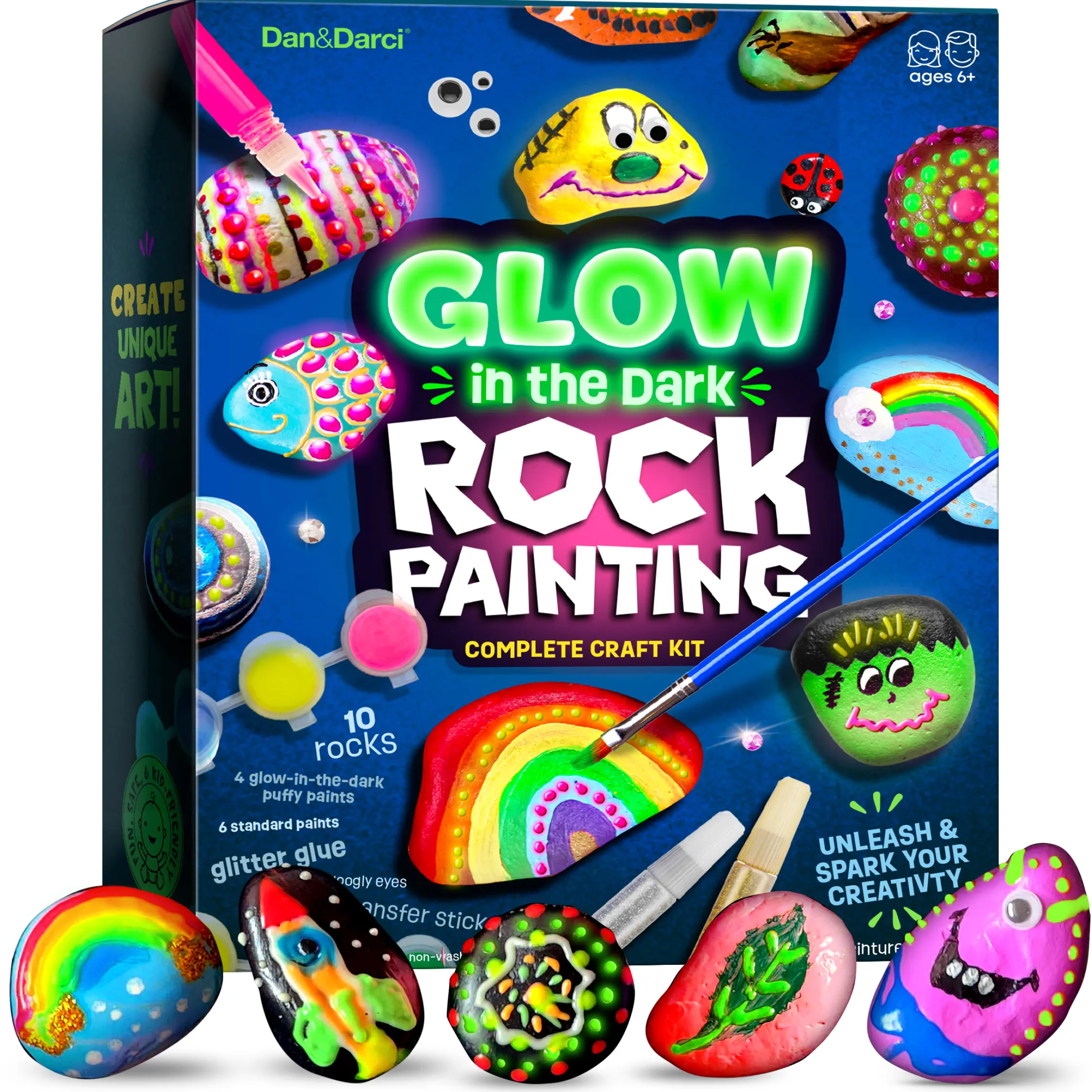 Dan&Darci Kids Rock Painting Kit Fun Arts Crafts Activity with Neon Paints Rocks Googly Eyes Stickers & Glitter Markers Complete Craft Set