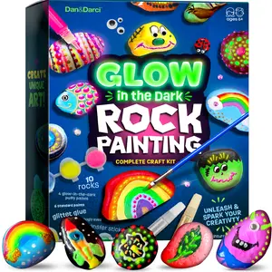 Dan&Darci Kids Rock Painting Kit Fun Arts Crafts Activity with Neon Paints Rocks Googly Eyes Stickers & Glitter Markers Complete Craft Set