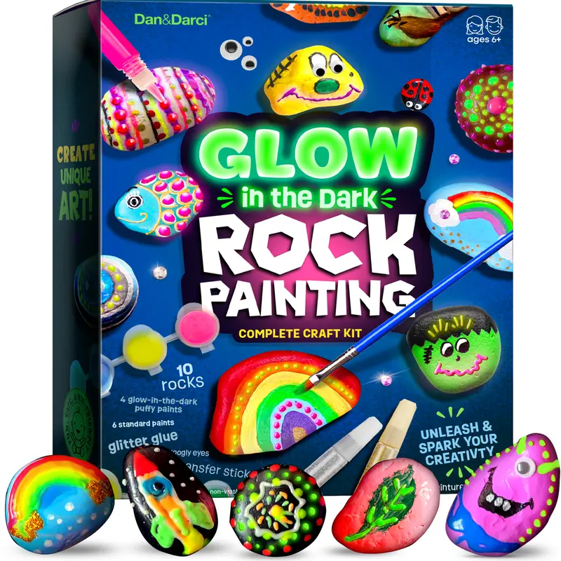 Dan&Darci Kids Rock Painting Art Supplies Kit - Bright Coloring, Handcraft Art Kit, Safe Materials with Glow-in-the-Dark Paints for Creativity & Open-Ended Play, Includes Rocks, Googly Eyes & Stickers, Glitter Markers (Ages 6+)