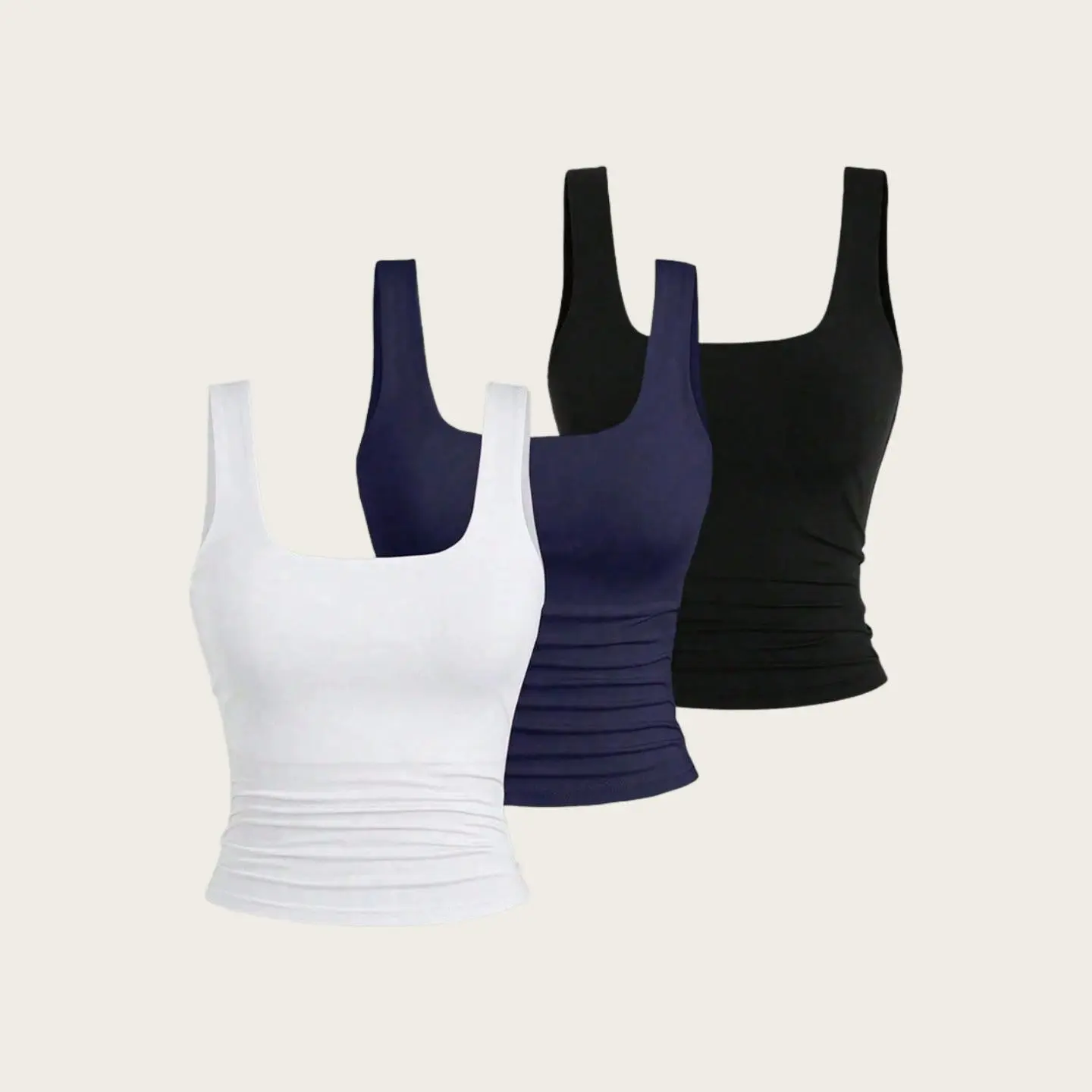 Women's 3-Pack High Stretch Square Neck Ruched Sleeveless Halter Tank Tops - Halloween Holiday Going Out Basics, Polyester Spandex Fabric, Minimalist Cute Casual Summer Layering Essentials
