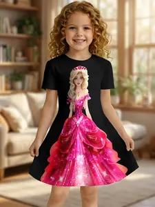 Girls Summer Barbie Princess Print Dress, Kids Black Background Magenta Crew Neck Short Sleeve A-Line Dress