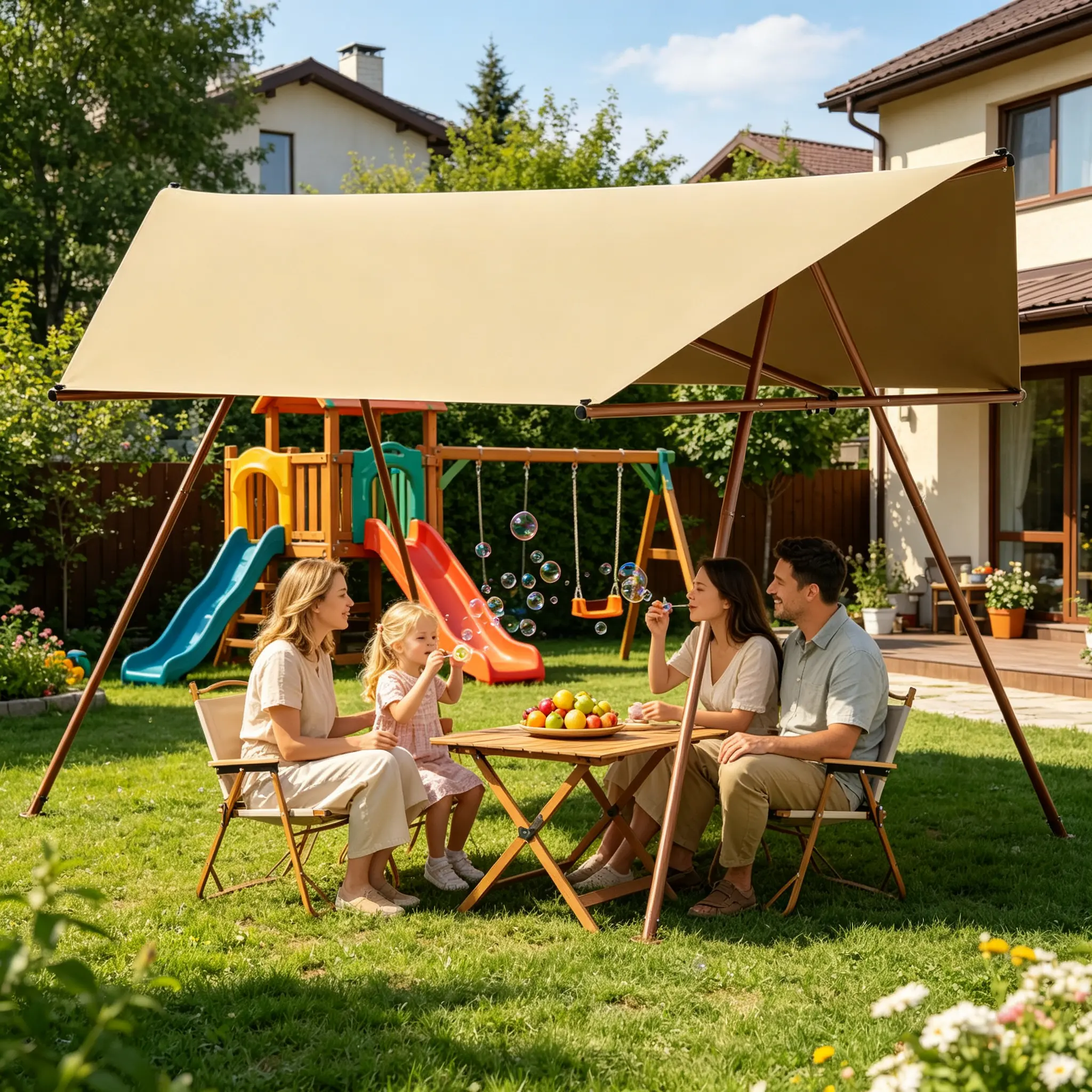 Outdoor Patio Parasol - Sturdy Hexagonal Sunshade Canopy (206"x118"), UPF 50+ Sun Protection Sail, Waterproof High-Density Polyester, Light Khaki, Rust-Resistant Poles, Built-In Hooks, Garden Stakes for Decks Backyard Sunny Days Watch Party Use