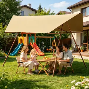 Hexagonal Shade Sail Canopy, 206"x118" Large UV Block Sun Shade with UPF 50+ Rating, Waterproof High Density Polyester Fabric, Light Khaki Sun Cover Equipped with Rust Resistant Poles and Built-in Hooks for Patio Backyard Outdoor Use