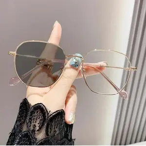 Square Metal Frame Photochromic Myopia Glasses Large Frame Anti Blue Light Color Change Glasses Ultra Light Near Sight Glasses