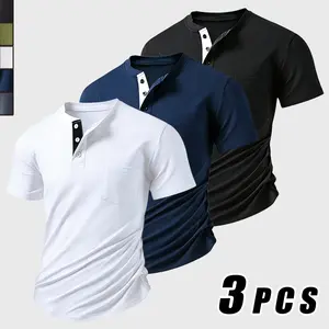 3 Pieces Slim-Fitting Men's Cotton Stretch Henley Tee | Casual Short Sleeve T-Shirt with Pocket