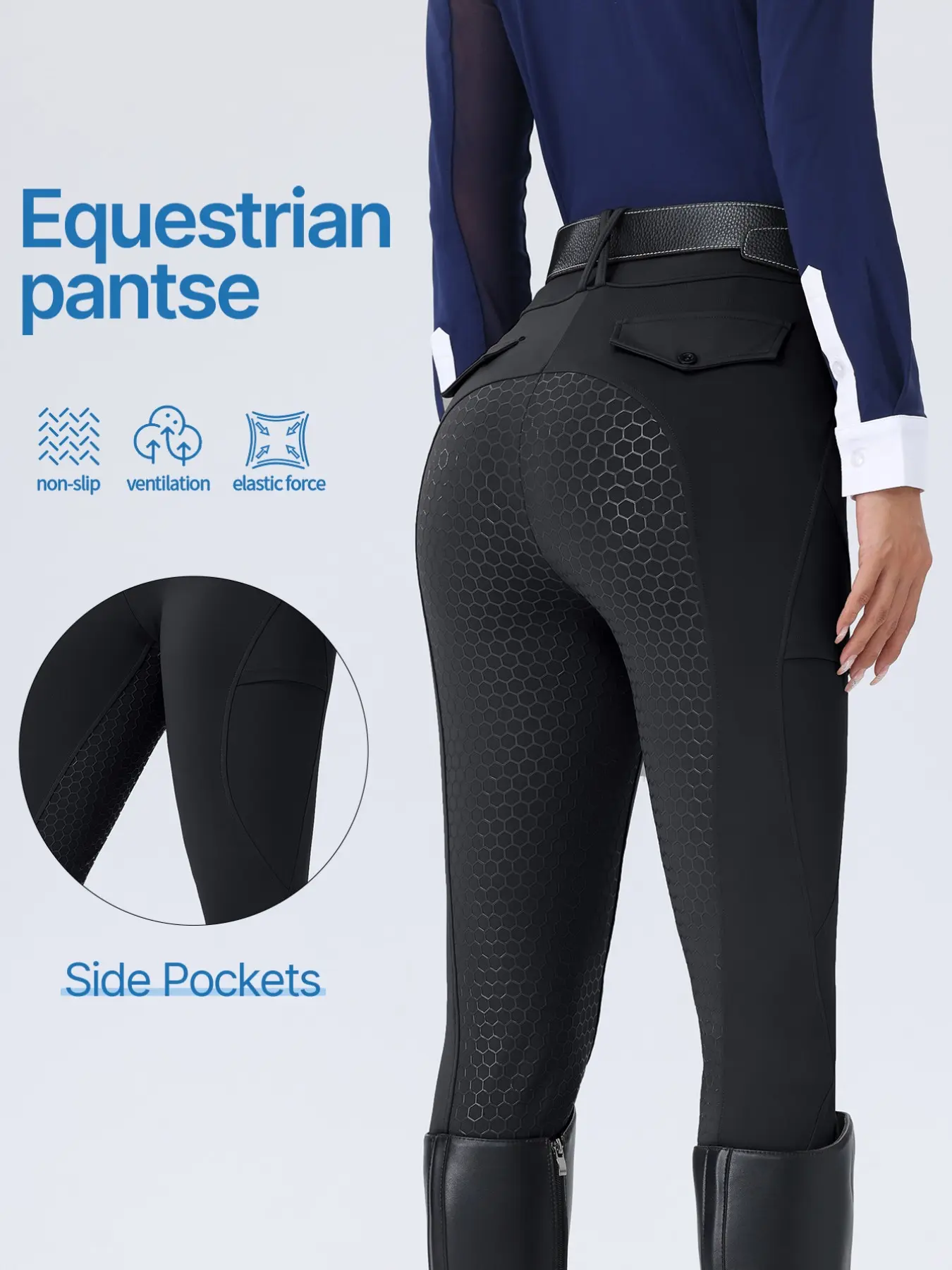 Women's Silicone Equestrian Pants, Side Pockets, Elastic Waist, Anti-Slip, Durable, Breathable, Quick-Dry, Four-Seasons, No Belt Included