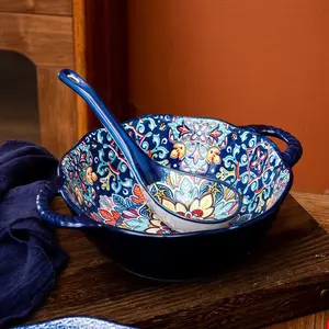 Bohemian Ceramic Soup Bowl Set, Ceramic Pasta Bowls, Includes 1 Large Bowl & Spoon, Microwave Safe, Stylish Home Use, Perfect for Noodles & Stews