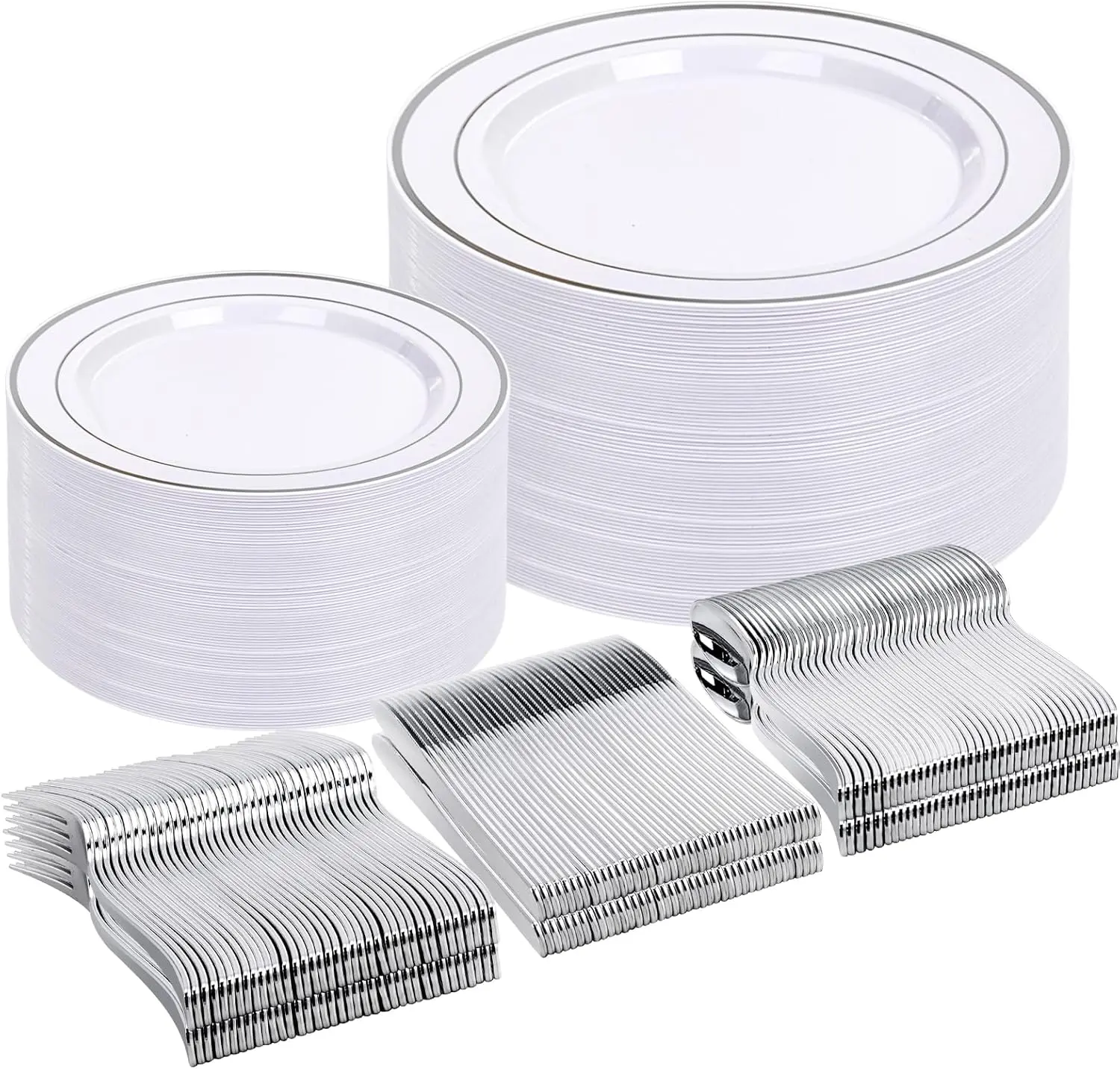 Wellife Disposable BPA-Free Plastic Dinnerware Set (500pcs) - 100 Dinner Plates, 100 Salad Plates, 300 Silver Plastic Silverware, Heat Resistant for Hot Foods, Parties