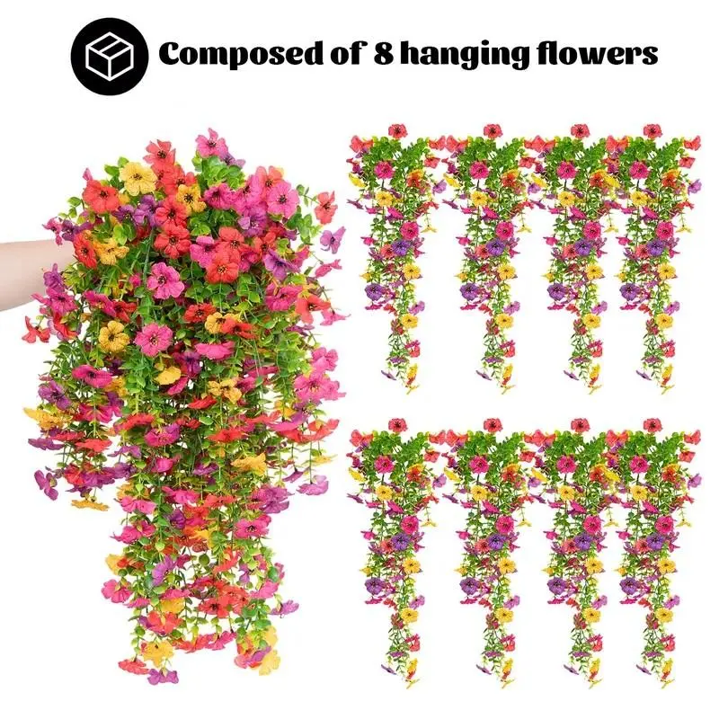 8 Bundles Artificial Petunia Flowers with Greenery, UV Resistant Faux Hanging Plants for Porch, Patio, Window Box & Garden Decor, Mixed Pink