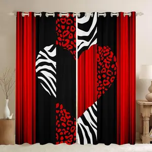 Feelyou Red Black Leopard Blackout Grommet Curtains - Cheetah Love Heart Darkening, Colorful Print Bold Pattern Animal Decorative Curtains, Home Textile for Bedroom, Living Room, Colorful Print Curtains