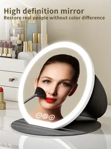 3-Color DimmableLED Lighting  Makeup  Mirror，Rechargeable LED Light Mirror with Suction Cups，Portable Folding Travel，Handheldcompact portable cosmetic facial foldable usb port