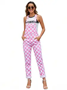 Zhangyan Valentine’s Day Outfit Women’s Checkered Denim Overalls – Stretch Plaid Sleeveless Bib Jumpsuit, Cute Casual Style