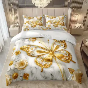 2/3Pcs Golden Butterfly,Flower Pattern Duvet Cover Set(1*Duvet Cover+1/2*Pillowcase,No Filling)Digital Print,100% Polyester Fiber,Machine Washable,Perfect Gift For Family,Friends During Festivals,All Season Use, Bedroom Bedding Set